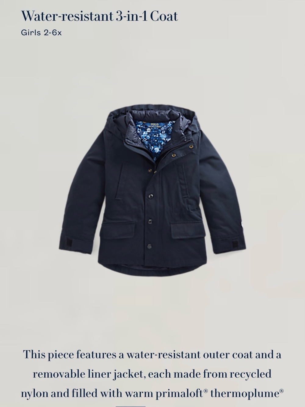 Polo Ralph Lauren Girls Water-Resistant 3-in-1 Navy Coat with Removable Liner